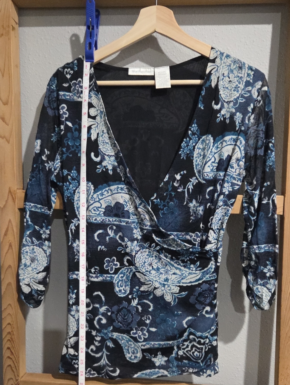 Worthington Navy & Light Blue Paisley Wrap-Style Blouse